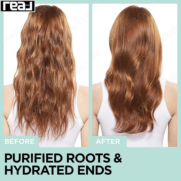 تصویر قبل و بعد استفاده از شامپو لورآل السیو روی موهای بلند با شعار "Purified Roots & Hydrated Ends"