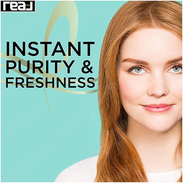 تصویر مدل با پوست شفاف و موهای قرمز همراه با شعار "Instant Purity & Freshness"