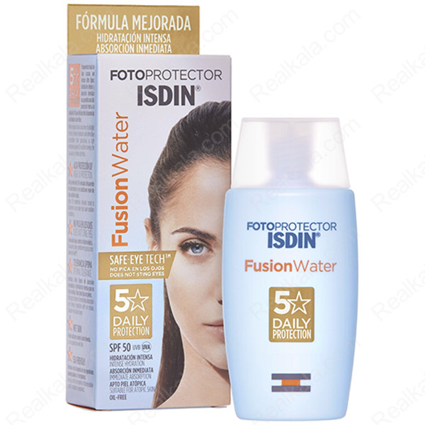 بسته‌بندی و بطری ضدآفتاب ISDIN Fusion Water SPF50 با فرمول جذب سریع و Safe‑Eye Tech