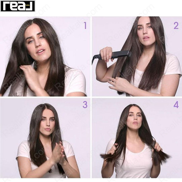 آموزش تصویری چهار مرحله‌ای استفاده از سرم مو لورال Stylista Sleek شامل شانه‌کردن، اتو، استفاده و صاف‌سازی