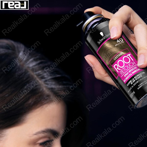 استفاده از اسپری Schwarzkopf Root Retouch قهوه‌ای روی ریشه‌های رشدکرده مو برای پوشش موقت و هماهنگ‌سازی رنگ
