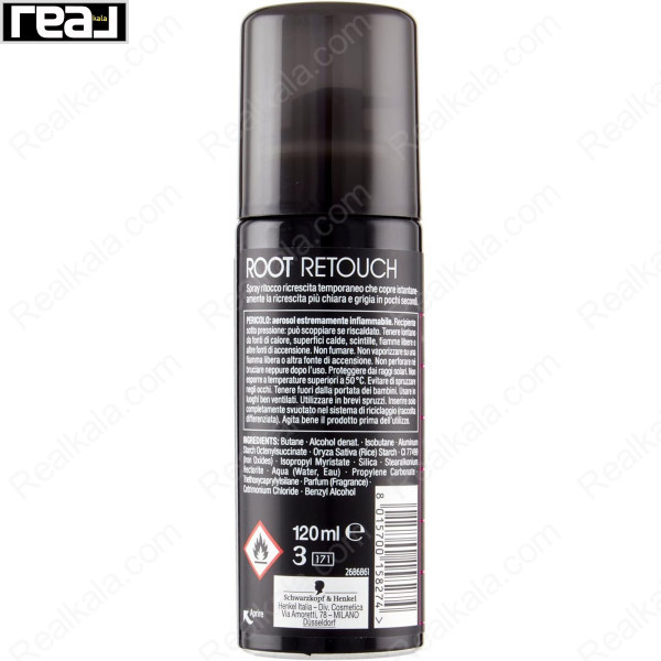 نمای پشت اسپری Schwarzkopf Root Retouch با اطلاعات مصرف، ترکیبات، هشدارهای ایمنی و حجم 120 میل