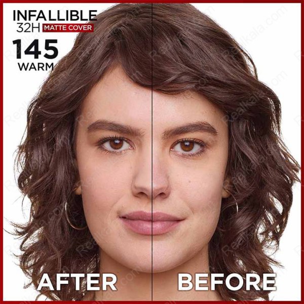 کرم پودر مات کننده لورال مدل Infallible 32H شماره 145 با نیاسینامید و SPF 25