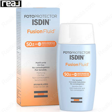 جعبه و بطری ضدآفتاب ISDIN Fusion Fluid SPF50+ مناسب پوست حساس و چرب با فرمول مات‌کننده و غیرکومدون‌زا