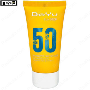 کرم ضد آفتاب صورت بی‌یو مدل Sun Stop SPF 50 با محافظت بالا، مناسب پوست حساس، ضد آب و حاوی هیالورونیک اسید و ویتامین E
