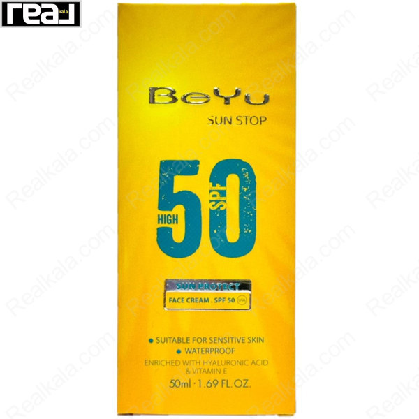 جعبه کرم ضد آفتاب صورت بی‌یو مدل Sun Stop SPF 50 مناسب پوست حساس، ضد آب، مرطوب‌کننده و غنی‌شده با هیالورونیک اسید و ویتامین E