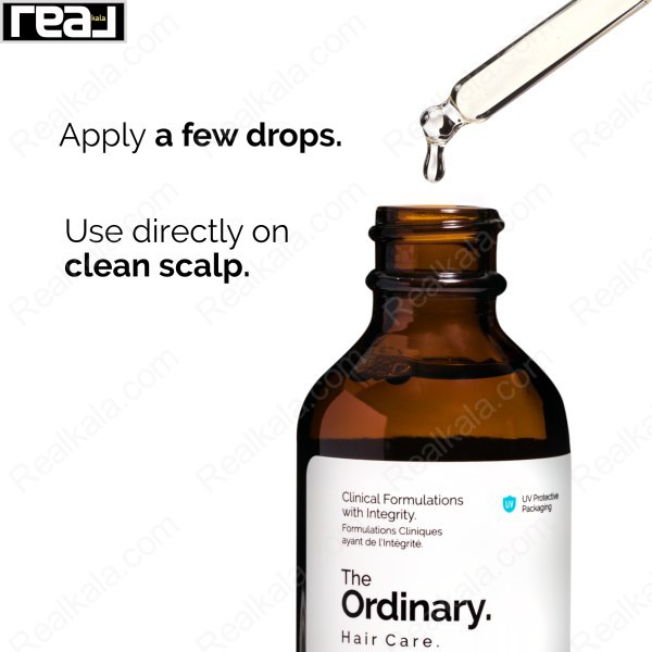 تصویر راهنمای استفاده از سرم مو The Ordinary با توصیه استفاده چند قطره روی پوست سر تمیز