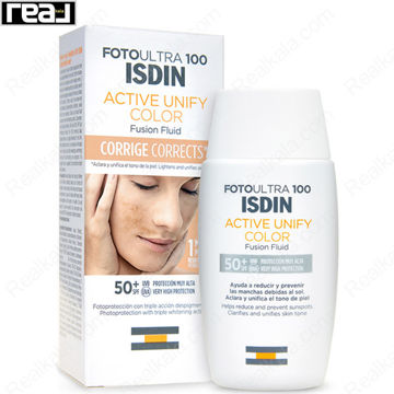 ضد آفتاب رنگی ISDIN FotoUltra 100 Active Unify Color Fusion Fluid با SPF50+ به همراه بطری و جعبه محصول با عملکرد کمک به کاهش لک‌های پوستی