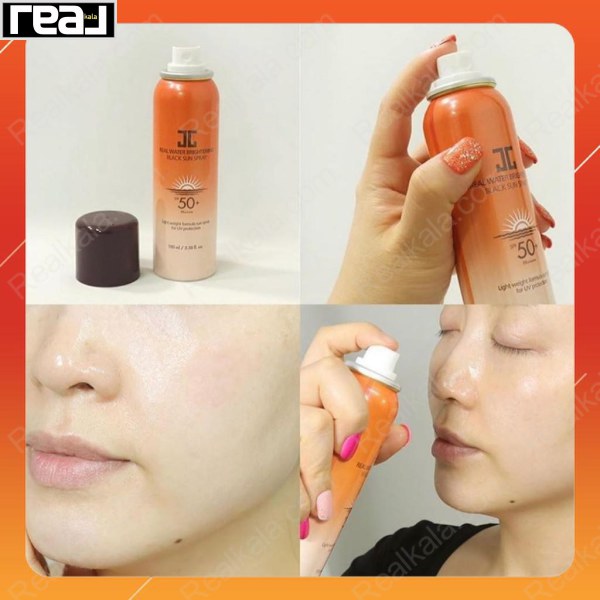 اسپری ضد آفتاب روشن‌کننده جِیجون ++++SPF50+ PA، نمایش نحوه استفاده روی صورت و جلوه سبک و شاداب روی پوست