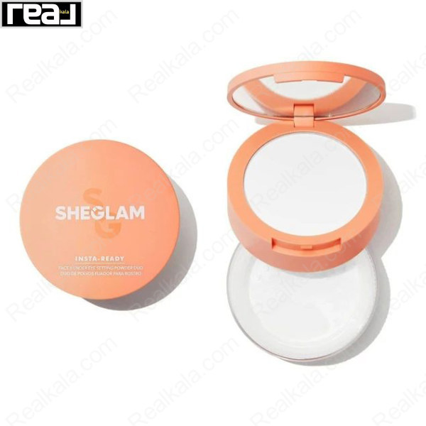 پودر دوکاره SHEGLAM مدل Insta-Ready رنگ Translucent با طراحی نارنجی و آینه داخلی