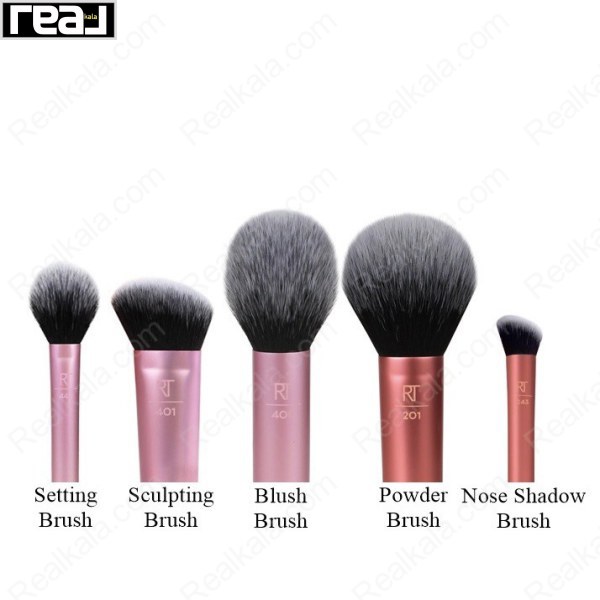 تصویر پنج براش ست Real Techniques Face Essentials شامل Setting Brush، Sculpting Brush، Blush Brush، Powder Brush و Nose Shadow Brush
