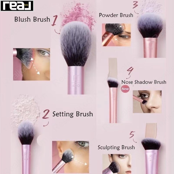 تصویر معرفی براش‌های ست Real Techniques Face Essentials شامل Blush Brush، Setting Brush، Powder Brush، Nose Shadow Brush و Sculpting Brush با نمونه کاربرد روی صورت