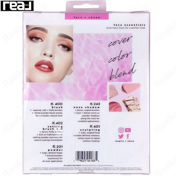 نمای پشت بسته‌بندی ست براش Real Techniques Face Essentials با توضیحات کاربرد براش‌ها شامل Blush، Setting، Powder، Sculpting و Nose Shadow