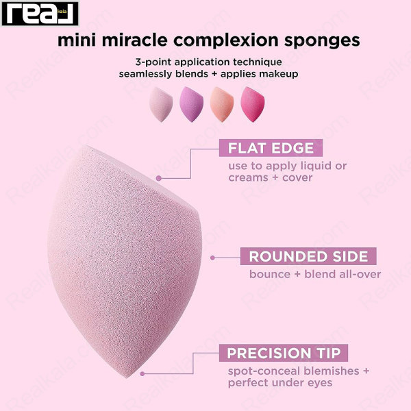 تصویر اسفنج آرایشی Real Techniques Mini Miracle Complexion با نمایش لبه تخت، سطح گرد و نوک دقیق برای پخش یکنواخت کرم پودر