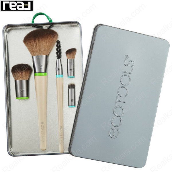 محتویات داخل جعبه فلزی Ecotools Interchangeables شامل دسته‌ها و سری‌های قابل تعویض، مناسب آرایش کامل صورت