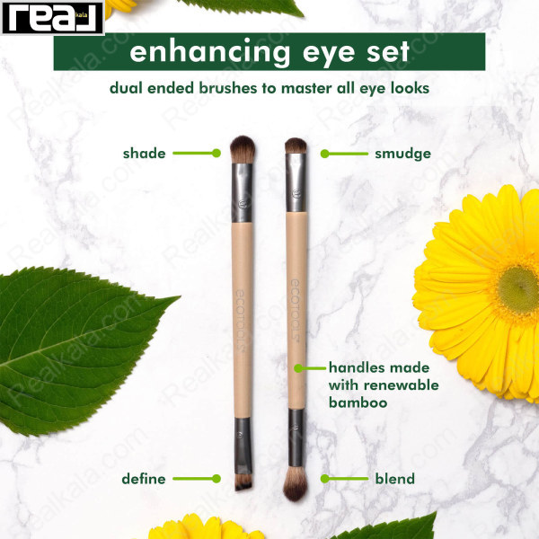 تصویر معرفی براش‌های دوطرفه اکوتولز مدل Enhancing Eye Set با نمایش کارکرد هر سری روی پس‌زمینه سنگی و عناصر گیاهی
