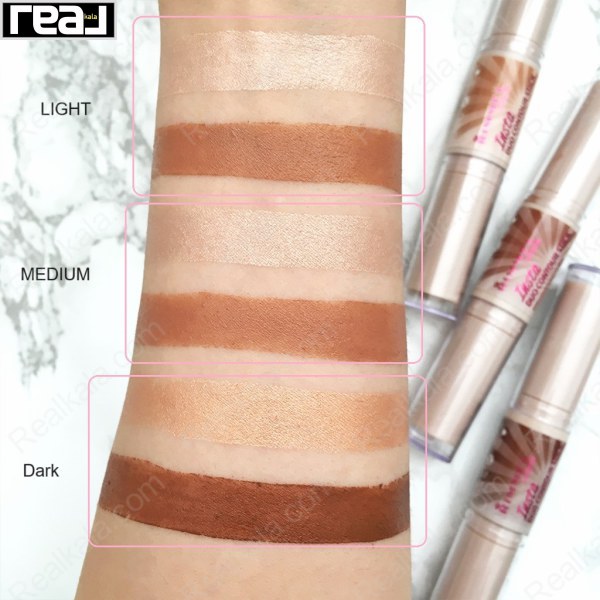 نمای دست با سواچ‌های رنگی شماره‌های Light، Medium و Dark از استیک کانتور ریمل