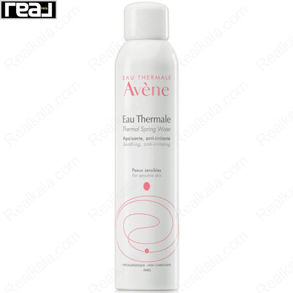 اسپری آب معدنی Avène Eau Thermale Thermal Spring Water 300ml با بطری آئروسل سفید، مناسب پوست حساس، درج عبارت Soothing anti‑irritating و ساخت فرانسه
