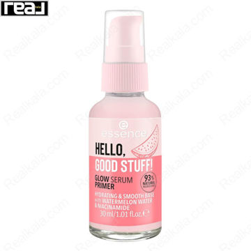 نمای روبروی پرایمر سرم Essence مدل Hello Good Stuff Glow با مایع صورتی شفاف