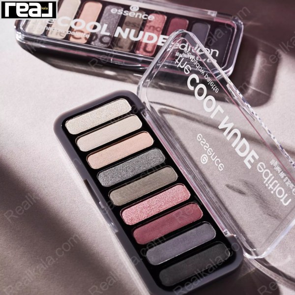 نمای باز پالت سایه Essence The Cool Nude Edition با ۹ رنگ مات و براق در طیف نود، طوسی و صورتی مناسب آرایش اسموکی