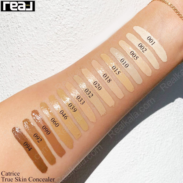 تست رنگ کانسیلر Catrice True Skin روی پوست دست شامل شماره‌های 001 تا 094