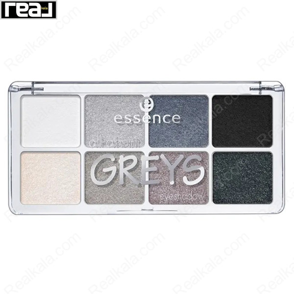 پالت سایه چشم Essence All About Greys EyeShadow 04 با 8 رنگ خاکستری، نقره‌ای، مشکی و دودی در بسته‌بندی شفاف