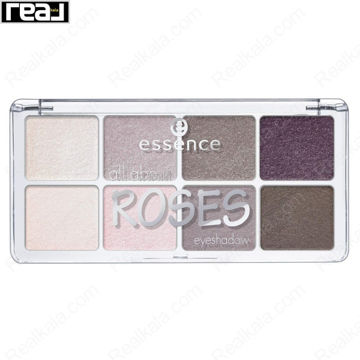 پالت سایه چشم Essence All About Roses EyeShadow 03 با 8 رنگ رز، صورتی، خاکستری و بنفش در بسته‌بندی شفاف
