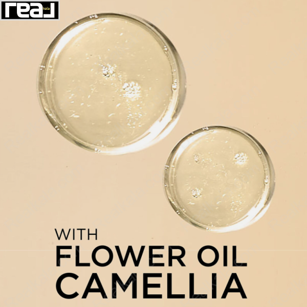 قطره‌های روغن گل کاملیا روی زمینه کرم رنگ