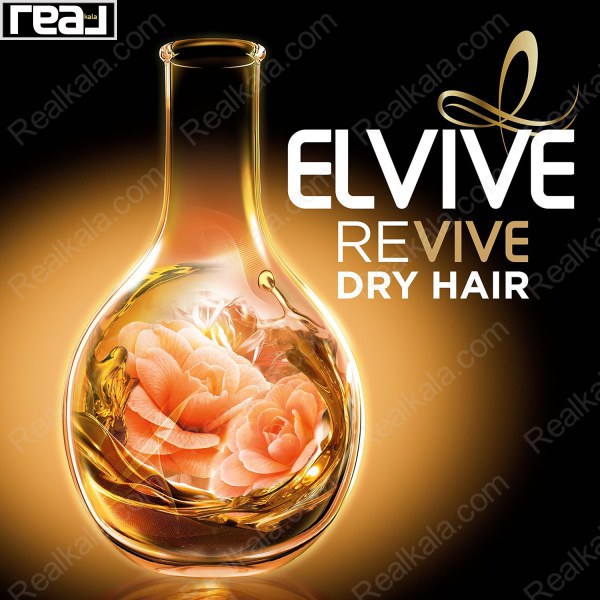 بنر تبلیغاتی شامپو لورآل السیو با شعار "Revive Dry Hair" و طراحی طلایی