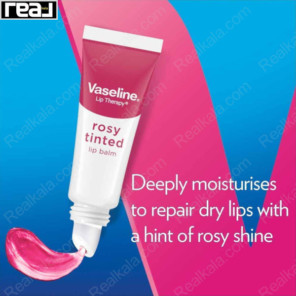 بافت و رنگ صورتی براق بالم لب تیوپی وازلین مدل Rosy Tinted برای ترمیم خشکی لب