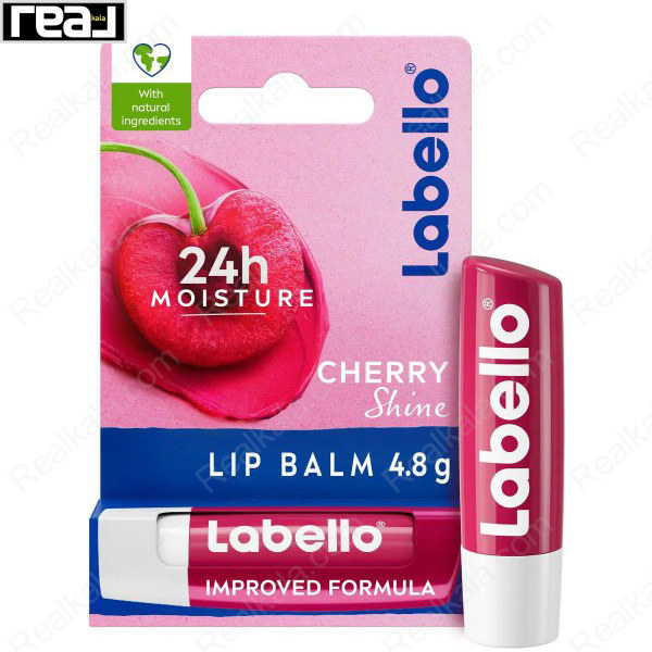 بسته‌بندی کامل بالم لب Labello مدل Cherry Shine با تصویر گیلاس