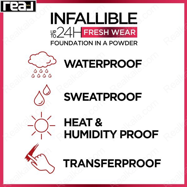پوستر معرفی ویژگی‌های فاندیشن پودری لورآل Infallible 24H Fresh Wear Foundation in a Powder با متن‌های ترجمه‌شده: ضد آب، مقاوم در برابر تعریق، مقاوم در برابر گرما و رطوبت، بدون انتقال
