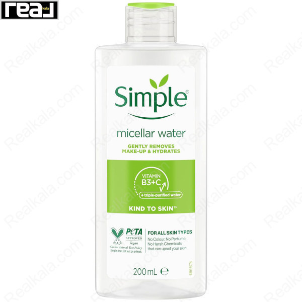 میسلار واتر سیمپل Kind to Skin حاوی ویتامین B3 و C و آب سه‌بار تصفیه‌شده حجم 200 میل