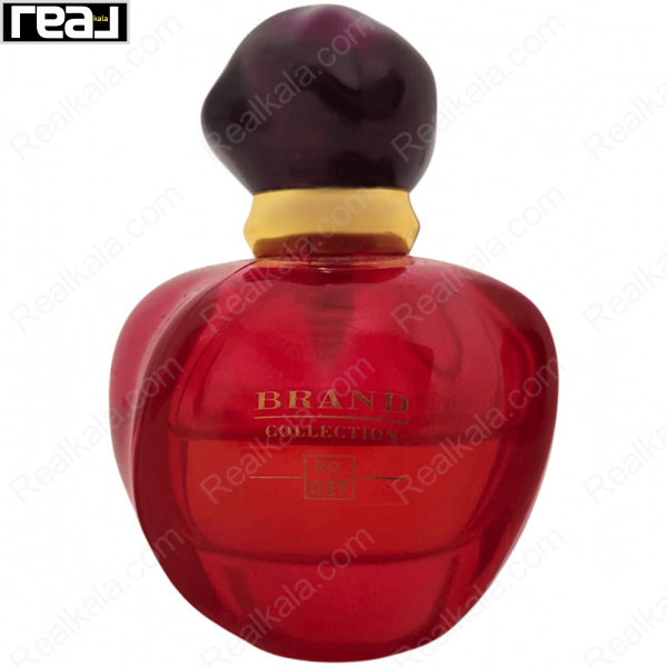 ادکلن برند کالکشن کد 027 دیور پویزن زنانه با شیشه کروی قرمز، درب تیره و گردن طلایی