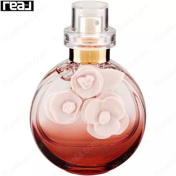 ادکلن برند کالکشن کد 059 والنتینو اسولوتو زنانه با شیشه گرد گرادینت قرمز تا شفاف و گل‌های کرم صورتی روی بدنه