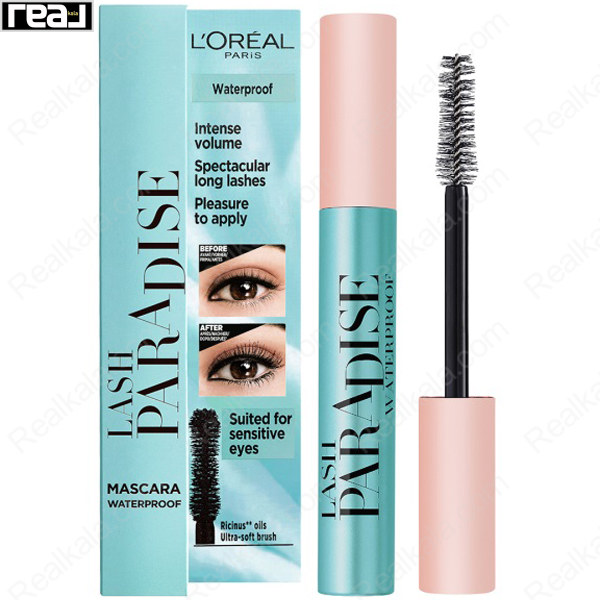 بسته‌بندی کارتنی ریمل لورال مدل Lash Paradise Waterproof با رنگ آبی و مشکی