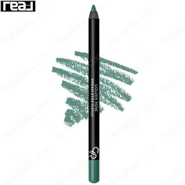 مداد چشم گلدن رز دریم آیز شماره 412 با رنگ سبز تیل تیره در کنار سواچ اختصاصی همان رنگ