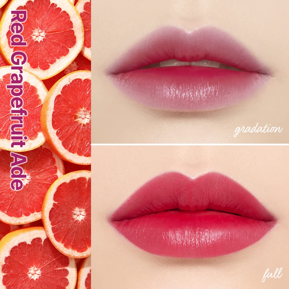 سواچ تینت لب Etude Water Tint رنگ Red Grapefruit Ade 04 روی لب در حالت گرادینت و فول کاور