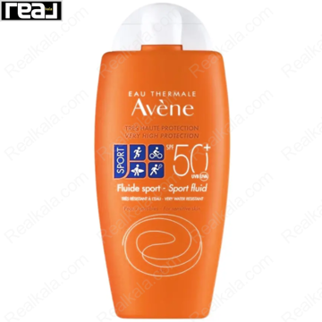 بطری نارنجی ضدآفتاب ورزشی آون Avène Sport Fluid SPF50 پلاس مخصوص فعالیت شدید، بسیار مقاوم در برابر تعریق و آب، مناسب پوست‌های حساس