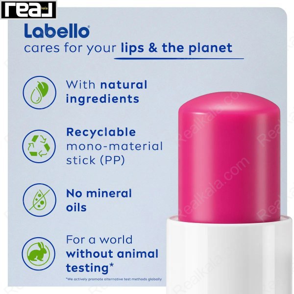 تبلیغ ویژگی‌های طبیعی، قابل بازیافت و بدون تست حیوانی در بالم لب Labello