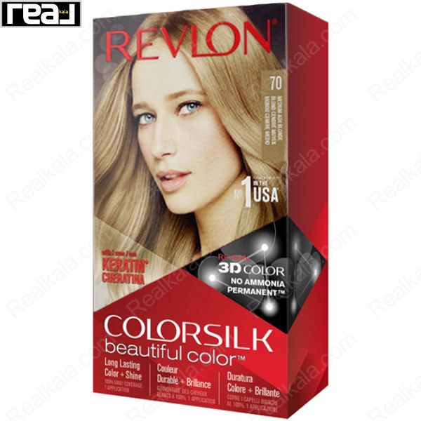 رنگ مو Revlon Colorsilk Beautiful Color شماره 70 با فرمول بدون آمونیاک، حاوی کراتین و تکنولوژی 3D Color برای ایجاد رنگ بلوند خاکستری متوسط با پوشش یکنواخت و درخشندگی طبیعی