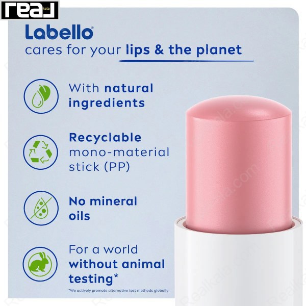 تبلیغ ویژگی‌های طبیعی، قابل بازیافت و بدون تست حیوانی در بالم لب Labello مدل Pearly Shine