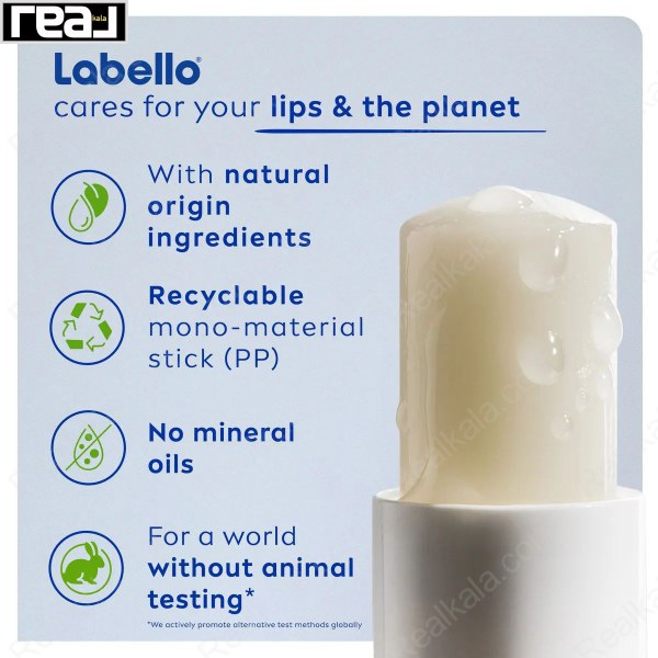 تبلیغ ویژگی‌های طبیعی، قابل بازیافت و بدون تست حیوانی در بالم لب مردانه Labello