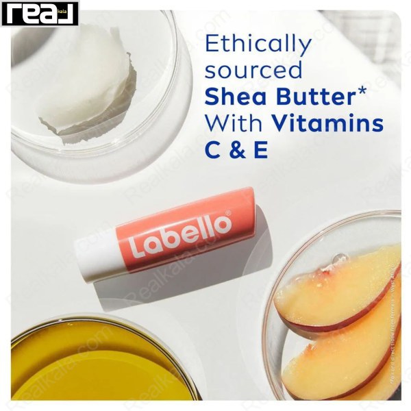 ترکیبات طبیعی و هلو در کنار بالم لب Labello