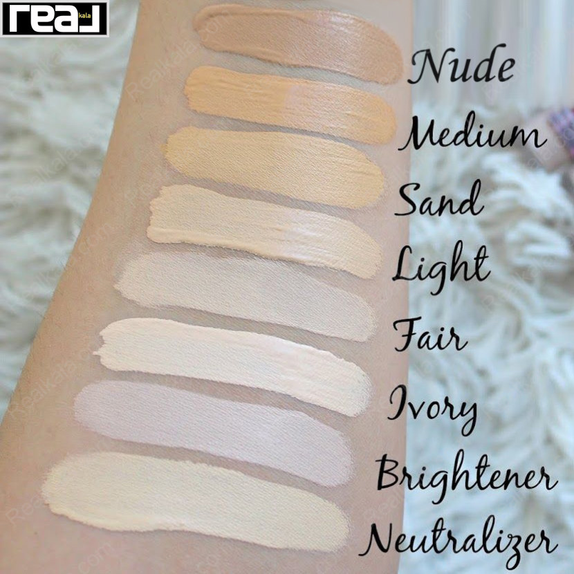 مقایسه رنگ Light کانسیلر میبلین شماره 01 با طیف‌های Nude، Medium، Sand، Fair و Ivory