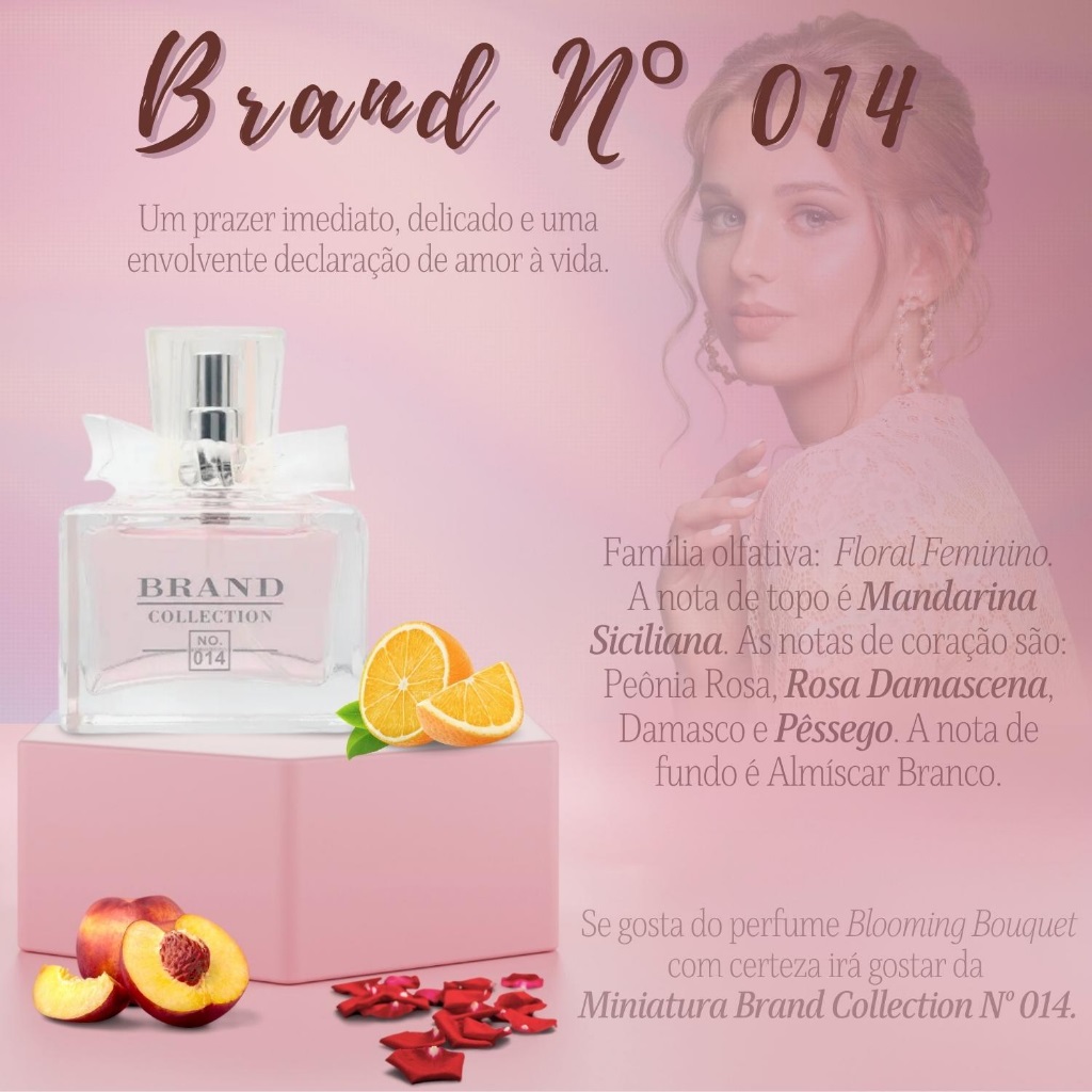 ادکلن برند کالکشن کد 014 میس دیور بلومینگ بوکه زنانه روی پایه صورتی با برش‌های پرتقال ماندارین، هلو و گلبرگ رز در کنار چهره زنانه در پس‌زمینه