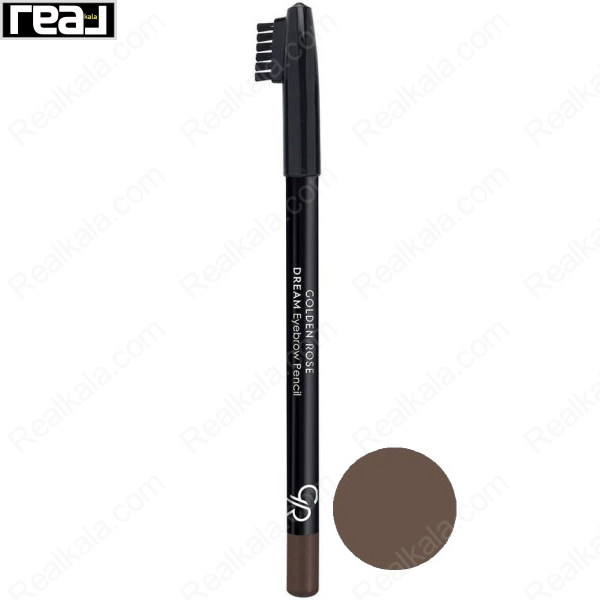 مداد ابرو دریم گلدن رز با بدنه مشکی و براش شانه‌ای روی درپوش به همراه تست دایره‌ای رنگ 303 قهوه‌ای موکا