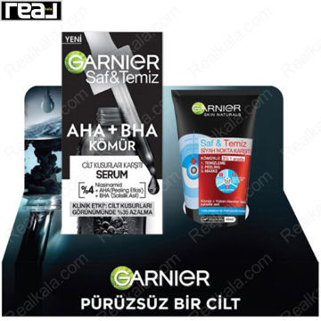 سرم لایه بردار گارنیر حاوی AHA+BHA و نیاسینامید به همراه شوینده اسکراب ماسک سه کاره زغال گارنیر