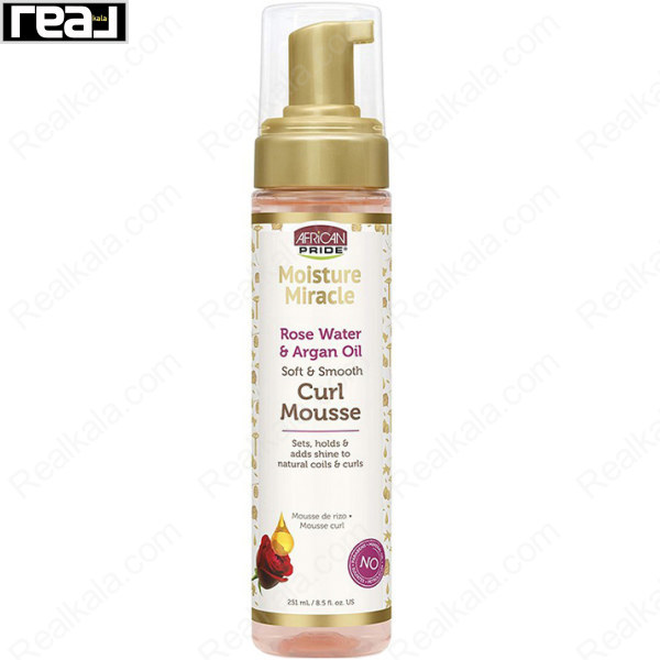 نمای جلوی موس حالت‌دهنده فر مو آفریکن پراید Moisture Miracle حاوی گلاب و روغن آرگان مناسب تثبیت و درخشان کردن موهای فر و طبیعی