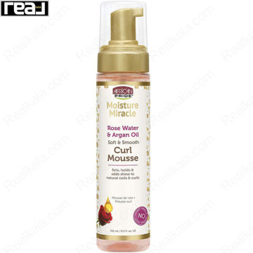 نمای جلوی موس حالت‌دهنده فر مو آفریکن پراید Moisture Miracle حاوی گلاب و روغن آرگان مناسب تثبیت و درخشان کردن موهای فر و طبیعی